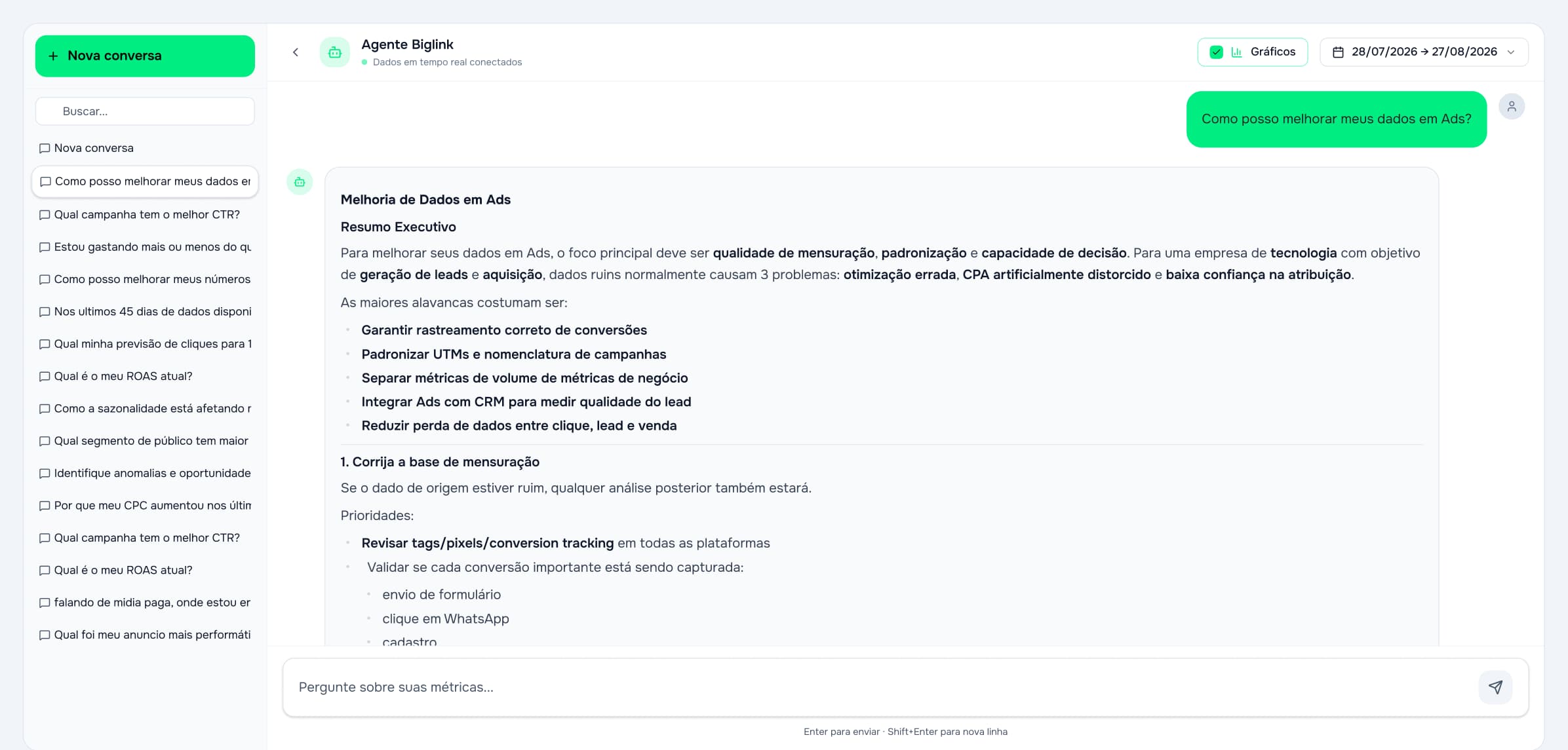 Biglink dashboard with forecasts and recommendations — Biglink chat